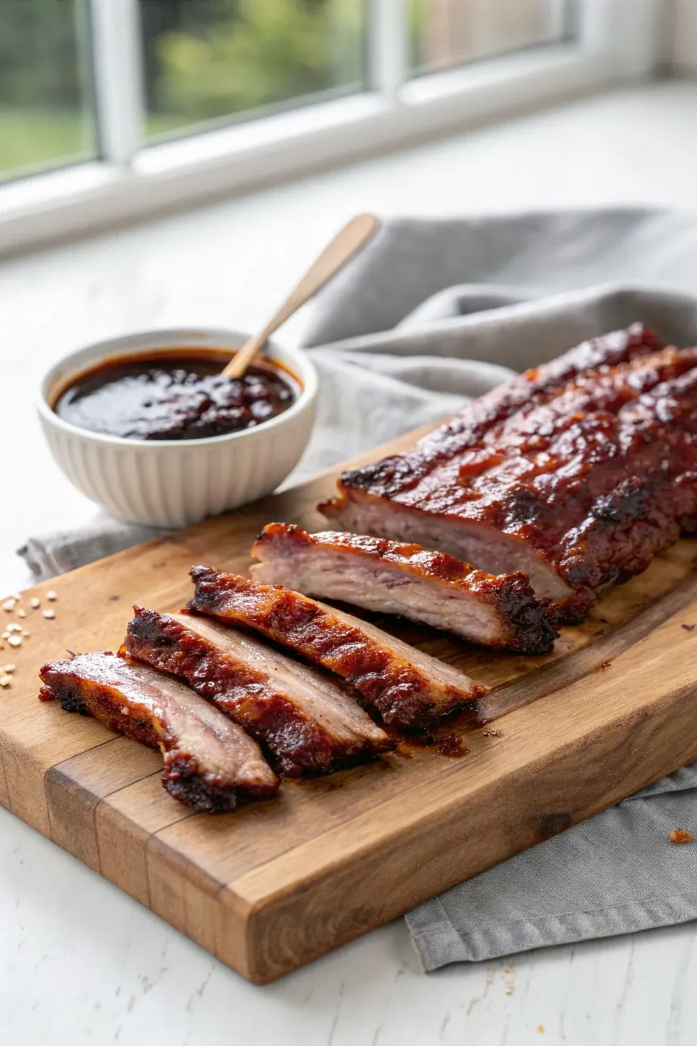 Vertical shot of glazed smoked pork ribs sliced on a wooden board with a small ceramic bowl of dark barbecue sauce beside them