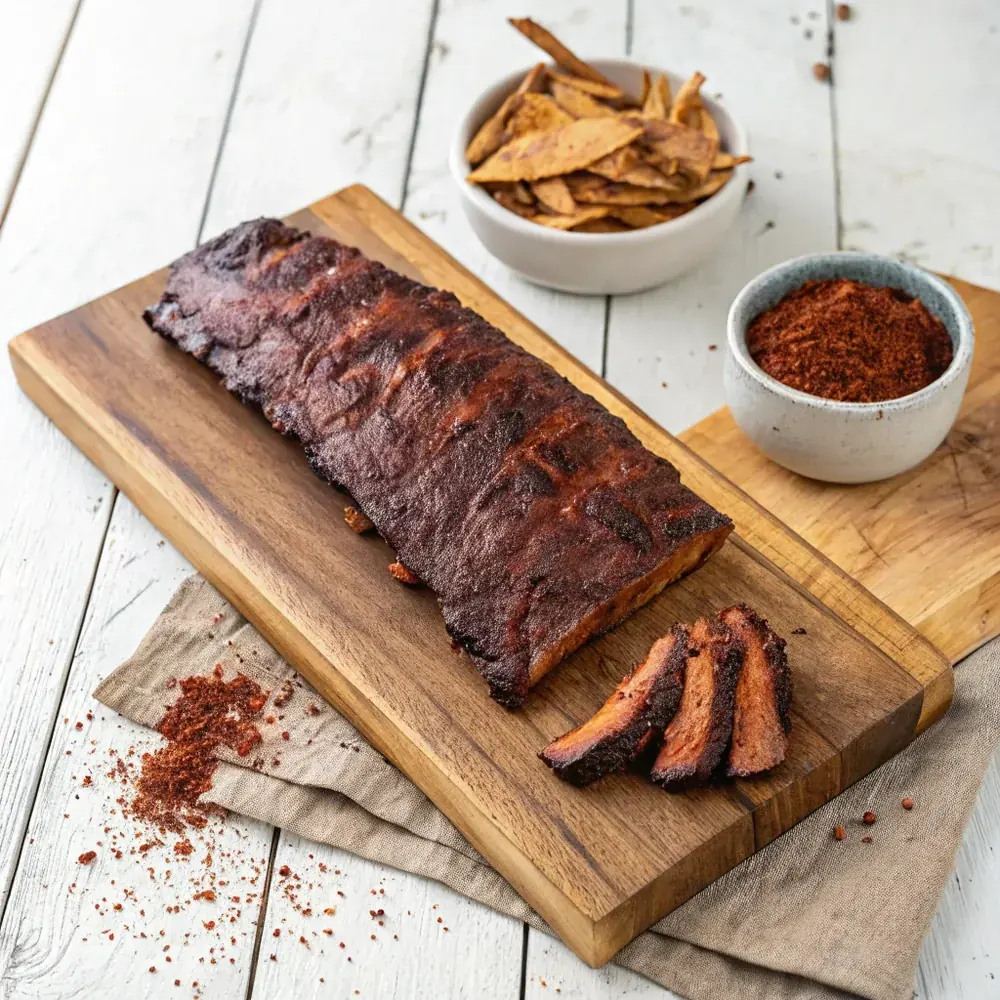 Overhead view of two seasoned rib racks lying flat on wire racks inside a black smoker cabinet, a ceramic bowl of rub nearby