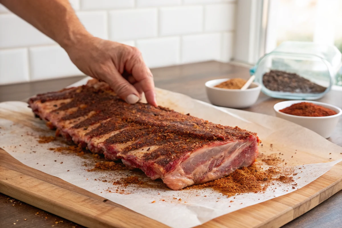 Two rib racks coated in red-brown rub being placed with tongs onto wire racks inside a black smoker cabinet