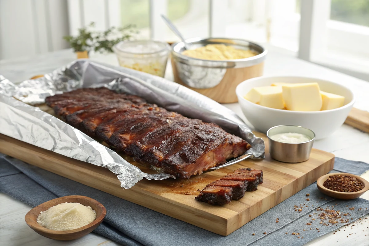 Rack of smoked ribs with dark bark being folded into heavy foil on a wooden board, butter pats and brown sugar on the meat