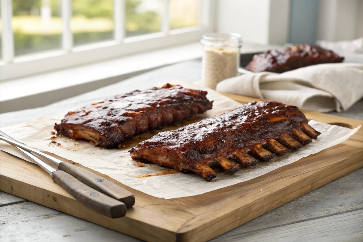 Two finished rib racks with glossy dark glaze resting on butcher paper on a wooden board, tongs at the side
