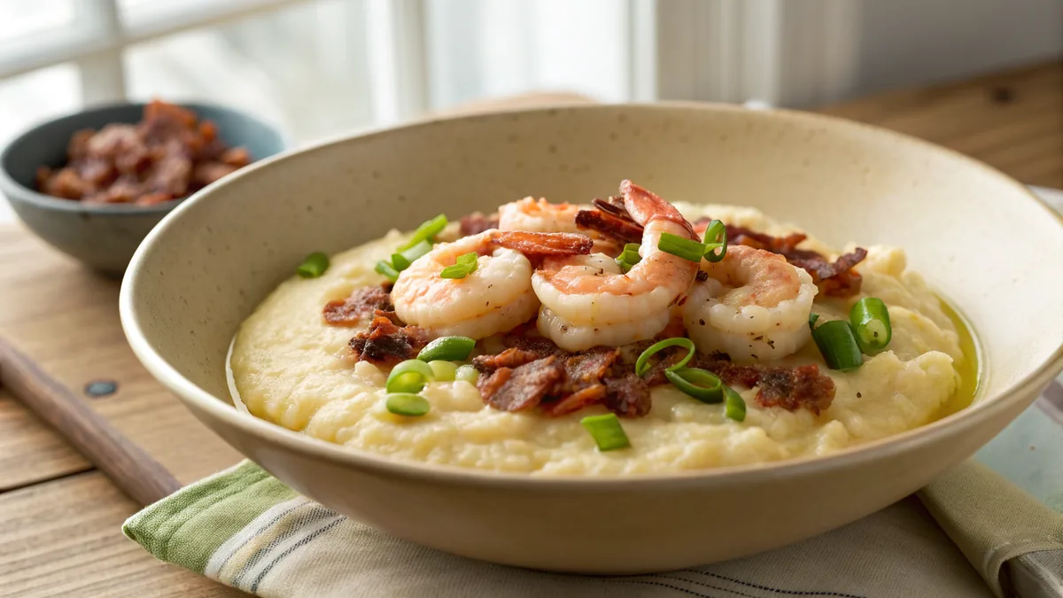 A wide shallow bowl of creamy pale yellow grits topped with plump seared pink shrimp, crumbled bacon, and sliced green onions in a light brown pan gravy on a wooden table
