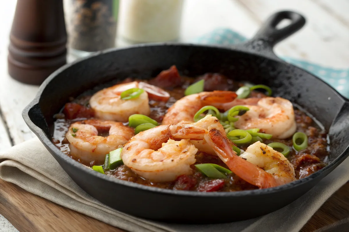 Close-up of seared Gulf shrimp with pink and orange edges resting in a glossy bacon pan gravy in a black cast iron skillet with sliced green onions on top