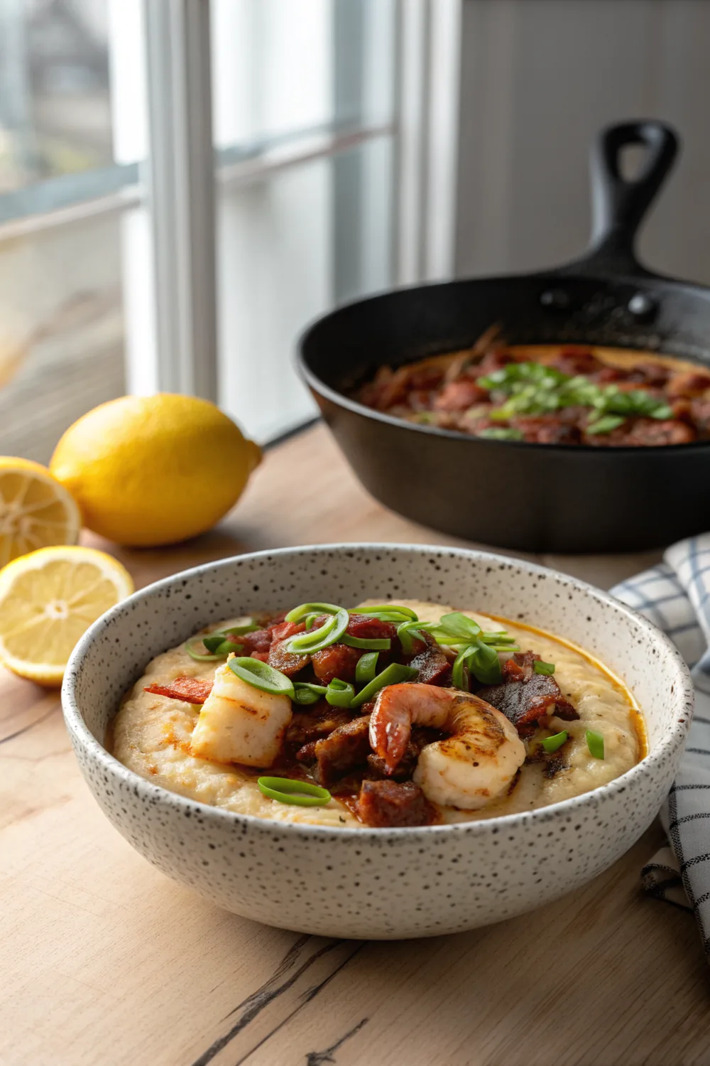 Vertical composition of a deep speckled ceramic bowl of shrimp and grits with rich bacon gravy and sliced green onions, a black cast iron skillet and two lemon halves behind it on a plain smooth wooden table in warm morning light