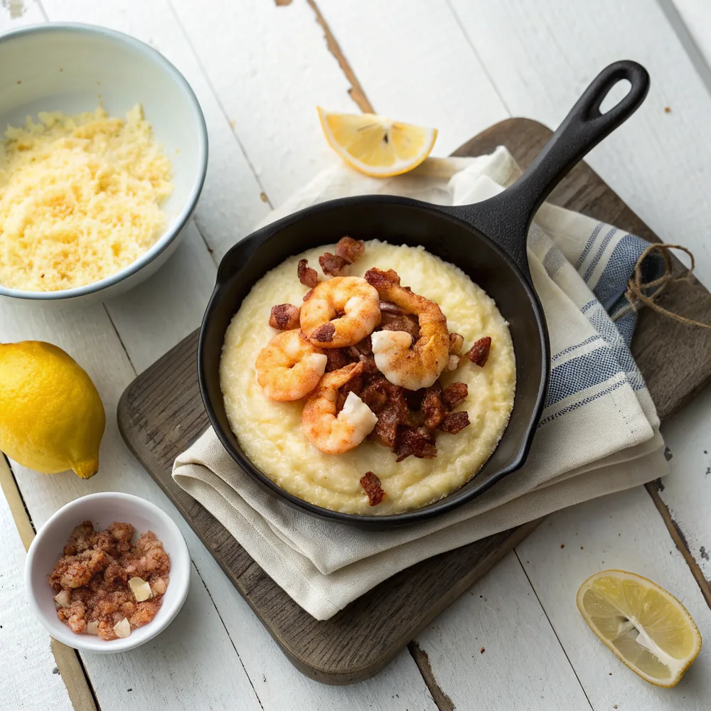 Overhead view of a bowl of cheese grits topped with shrimp and bacon gravy beside a black skillet, a wedge of lemon, and a small bowl of shredded cheddar on weathered wood