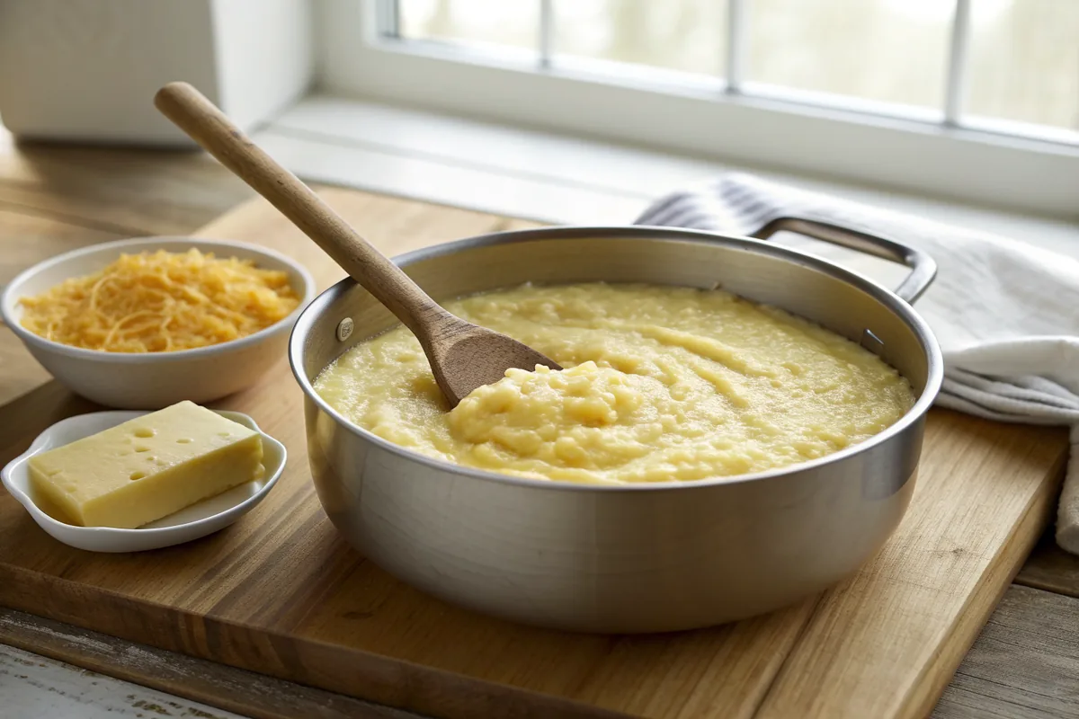 A heavy saucepan of thick creamy pale yellow stone-ground grits with a wooden spoon standing in them on a wooden counter beside a small dish of grated cheddar