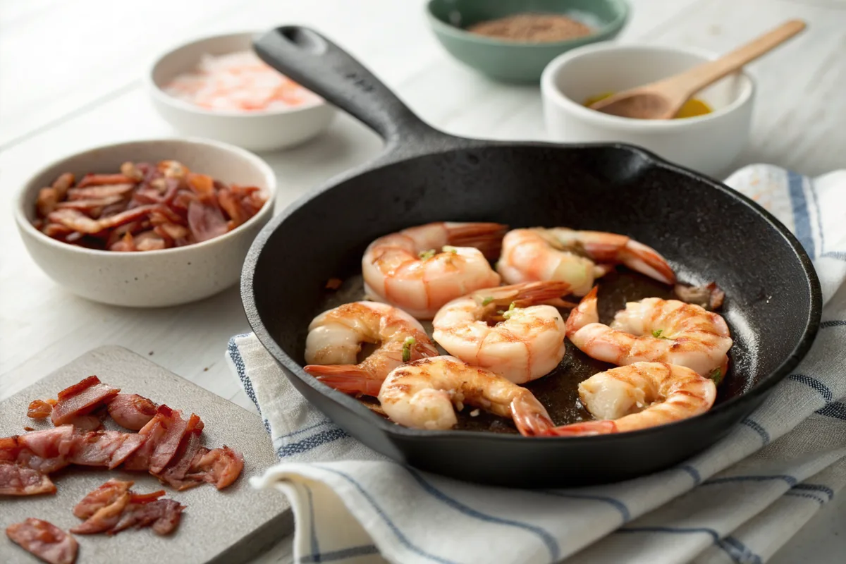 Large peeled Gulf shrimp searing in a single layer in bacon fat in a black cast iron skillet with pink and lightly browned edges and crisp bacon pieces in a small bowl beside it