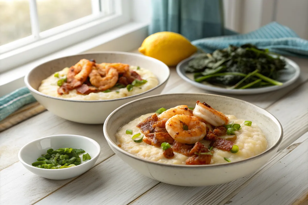 Two wide bowls of creamy grits topped with seared shrimp in bacon gravy and green onions on a wooden table with lemon wedges and a small dish of collard greens beside them