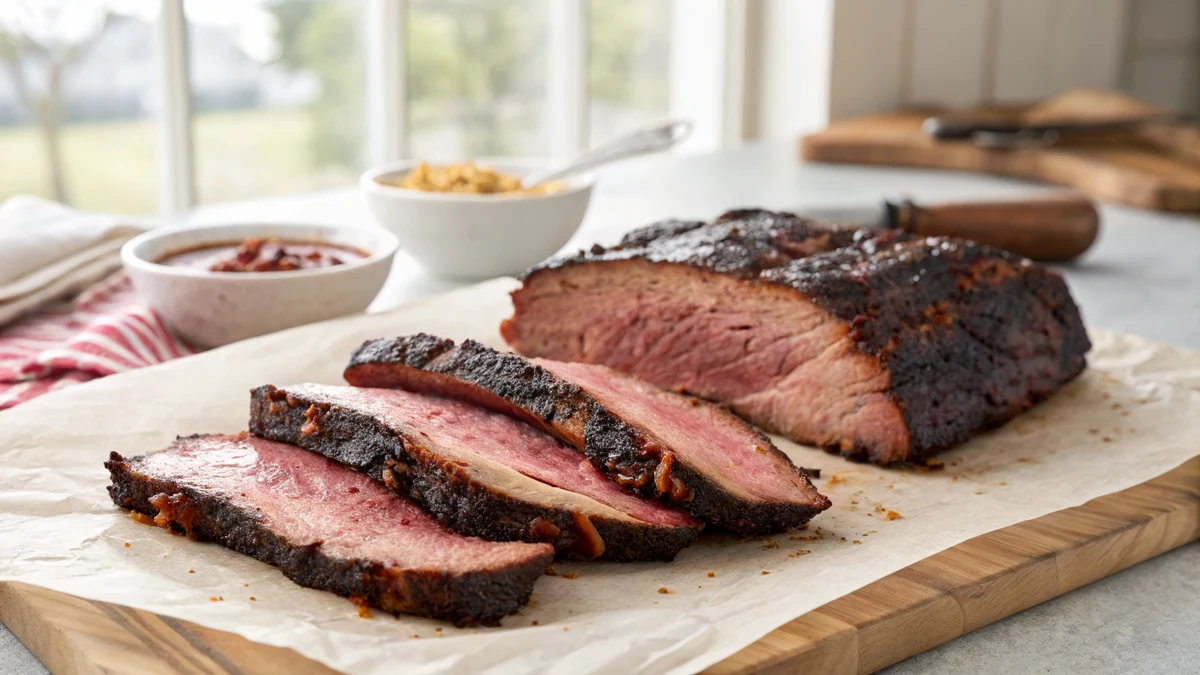 Thick slices of smoked beef country style ribs with dark bark and rosy smoke ring fanned on butcher paper, juices glistening on the cut faces
