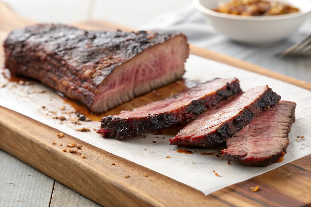 Close-up of a single smoked beef country style rib strip with craggy mahogany bark, sliced to show tender shreddy interior