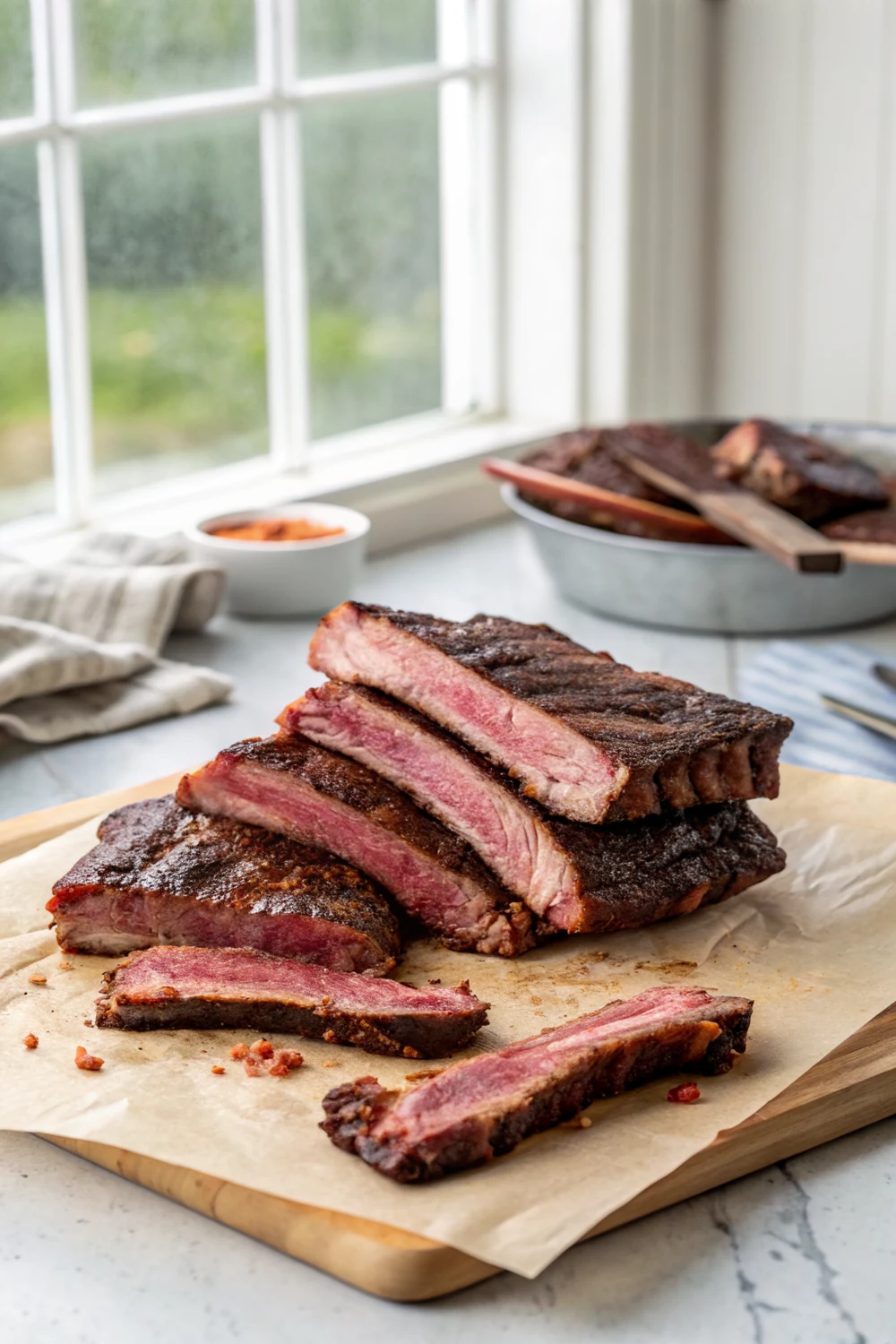 Vertical shot of deeply barked smoked beef country style ribs stacked on butcher paper, one strip sliced open showing juicy tender beef