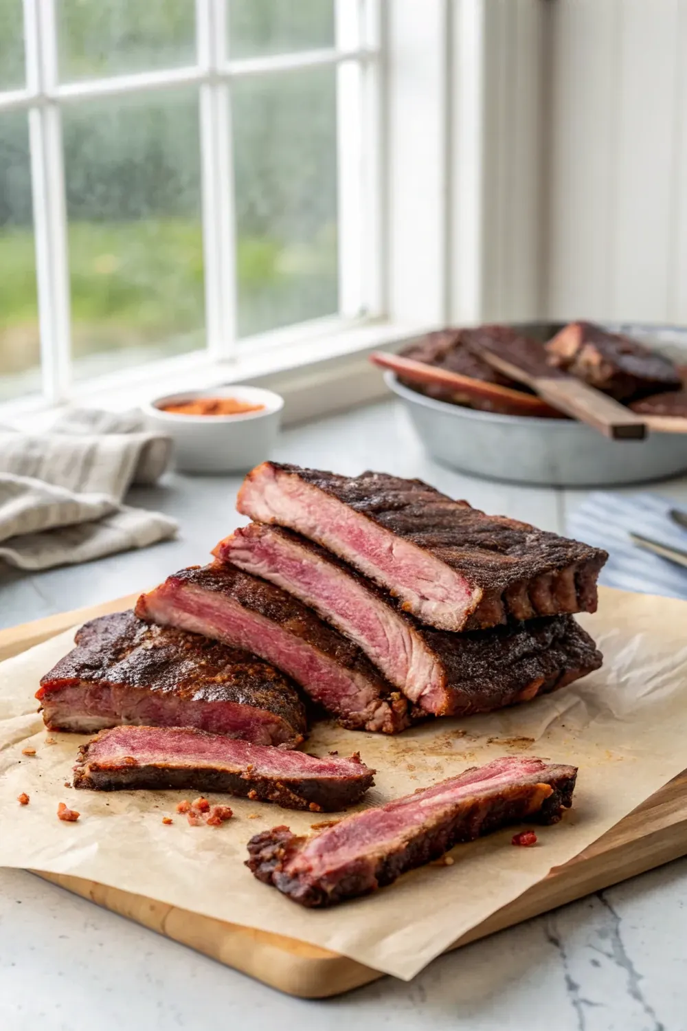 Vertical shot of deeply barked smoked beef country style ribs stacked on butcher paper, one strip sliced open showing juicy tender beef
