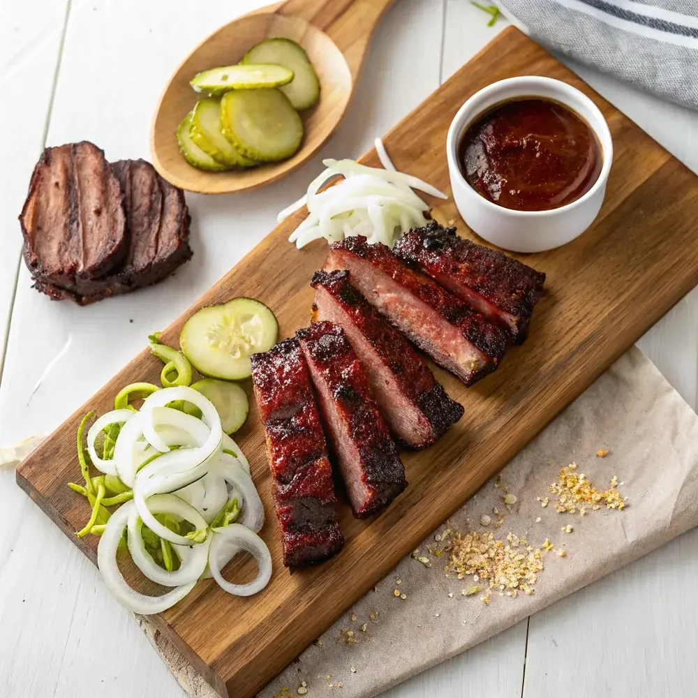 Overhead view of smoked beef country style rib strips on a wooden board with pickles, sliced white onion, and a small bowl of barbecue sauce