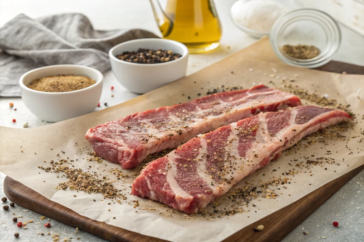 Raw beef country style rib strips on butcher paper being coated with coarse black pepper rub, heavily marbled meat visible under the seasoning