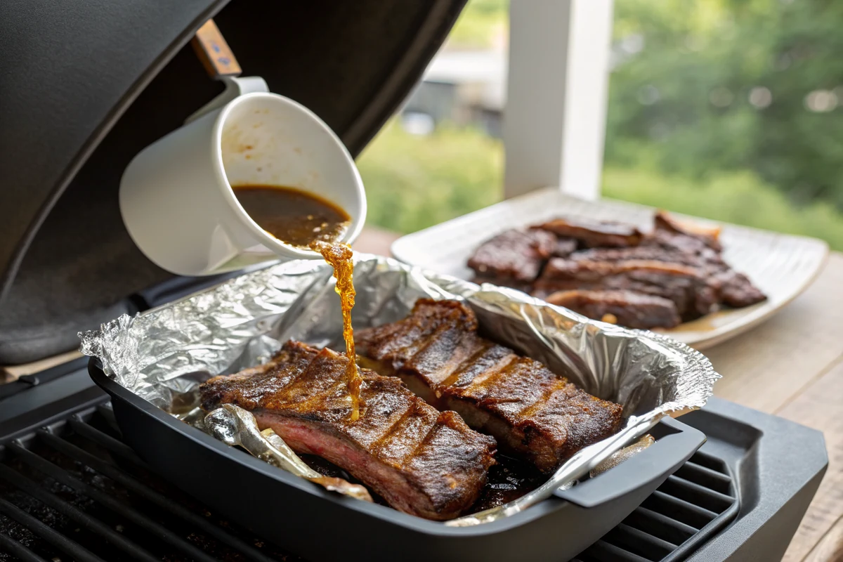 Barked beef country style rib strips nestled in a foil packet with broth being poured around them on a smoker side table