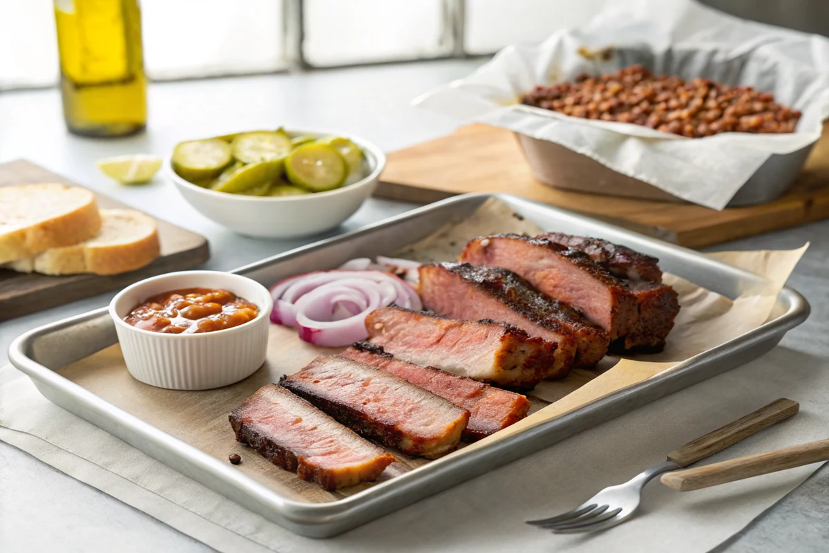 Serving tray of thick sliced smoked beef country style ribs on butcher paper with pickles, onion slices, white bread, and a bowl of pinto beans