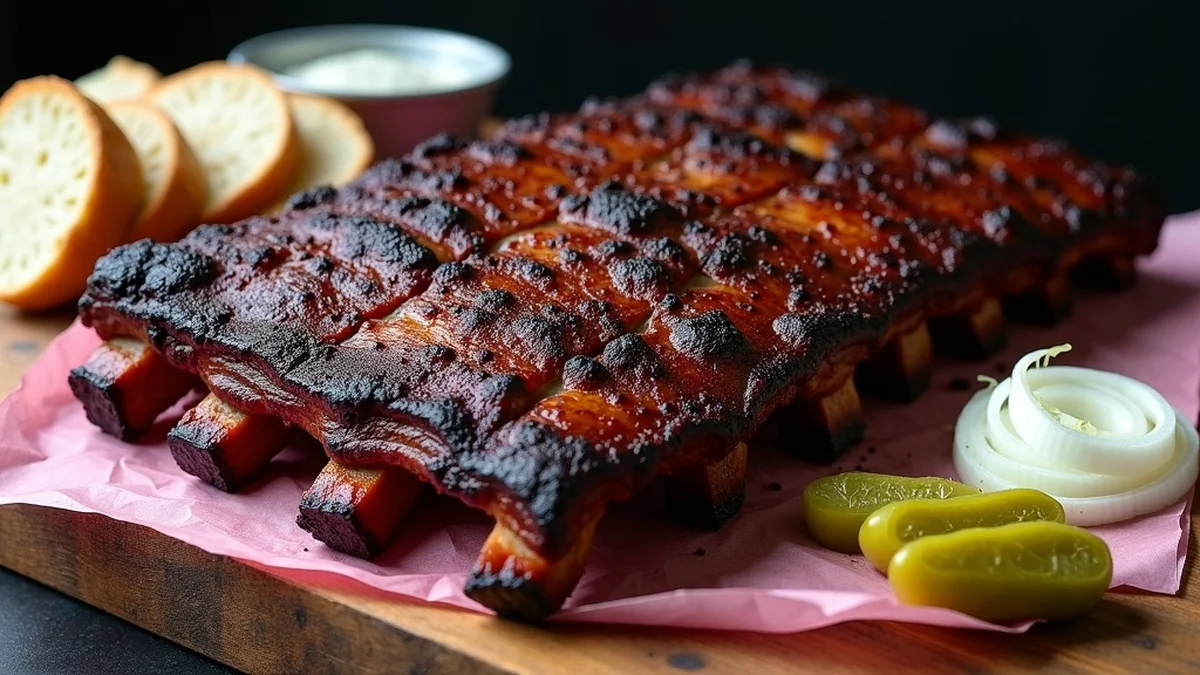 Texas smoked beef ribs on pink butcher paper with deep mahogany bark and visible smoke ring, served Lockhart-style with white bread, dill pickles, and raw onion