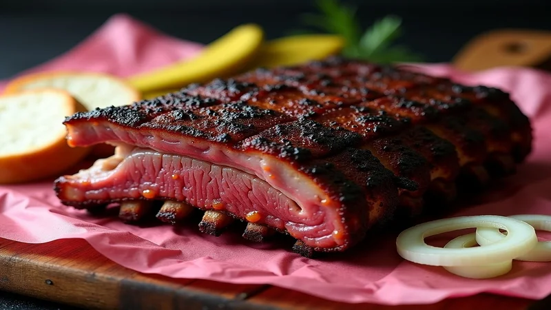 Close-up cross-section of smoked beef ribs showing the thick mahogany bark, pink smoke ring, and tender meat just under the bark