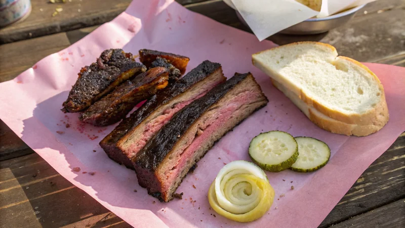 Close-up cross-section of smoked beef ribs showing the thick mahogany bark, pink smoke ring, and tender meat just under the bark