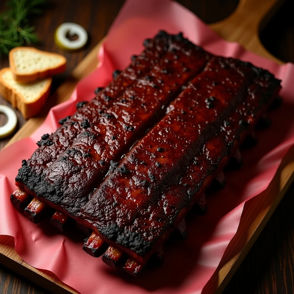 Overhead view of a rack of Texas smoked beef ribs ready to slice on a butcher block, post oak chunks visible in background