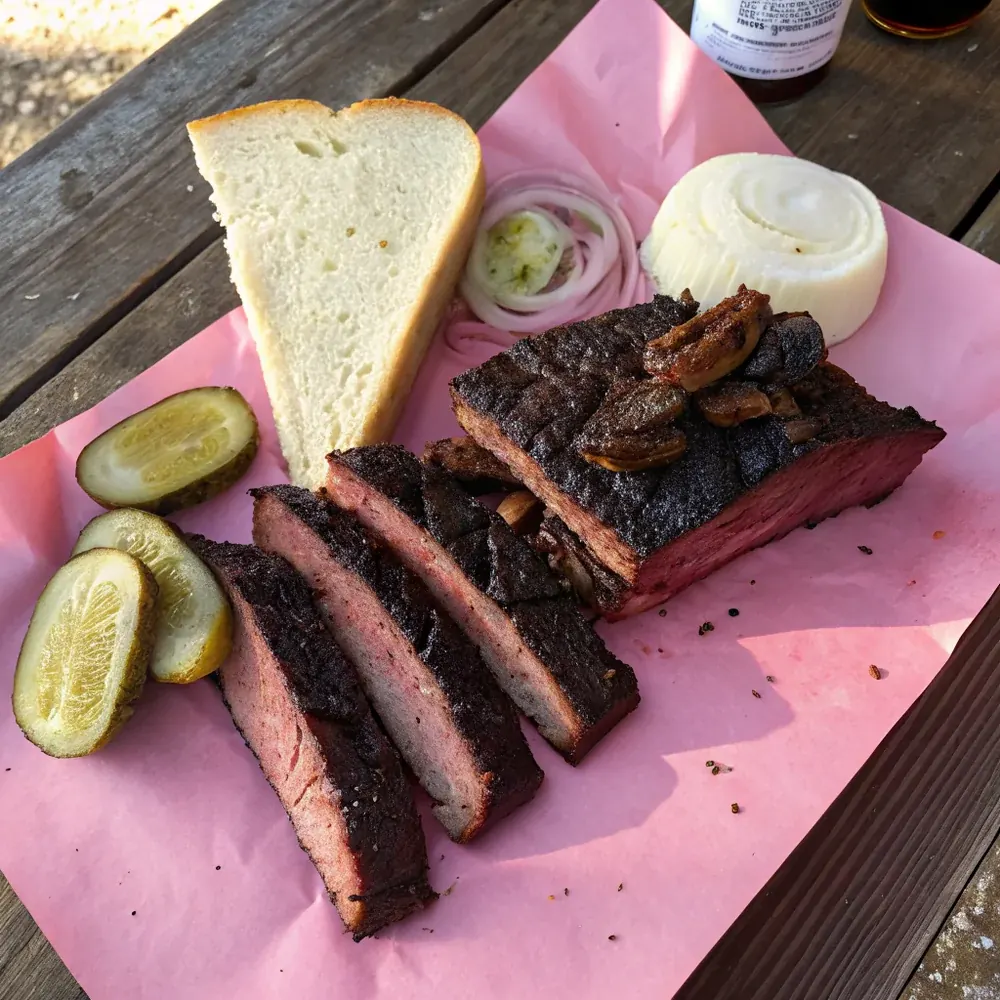 Overhead view of a rack of Texas smoked beef ribs ready to slice on a butcher block, post oak chunks visible in background