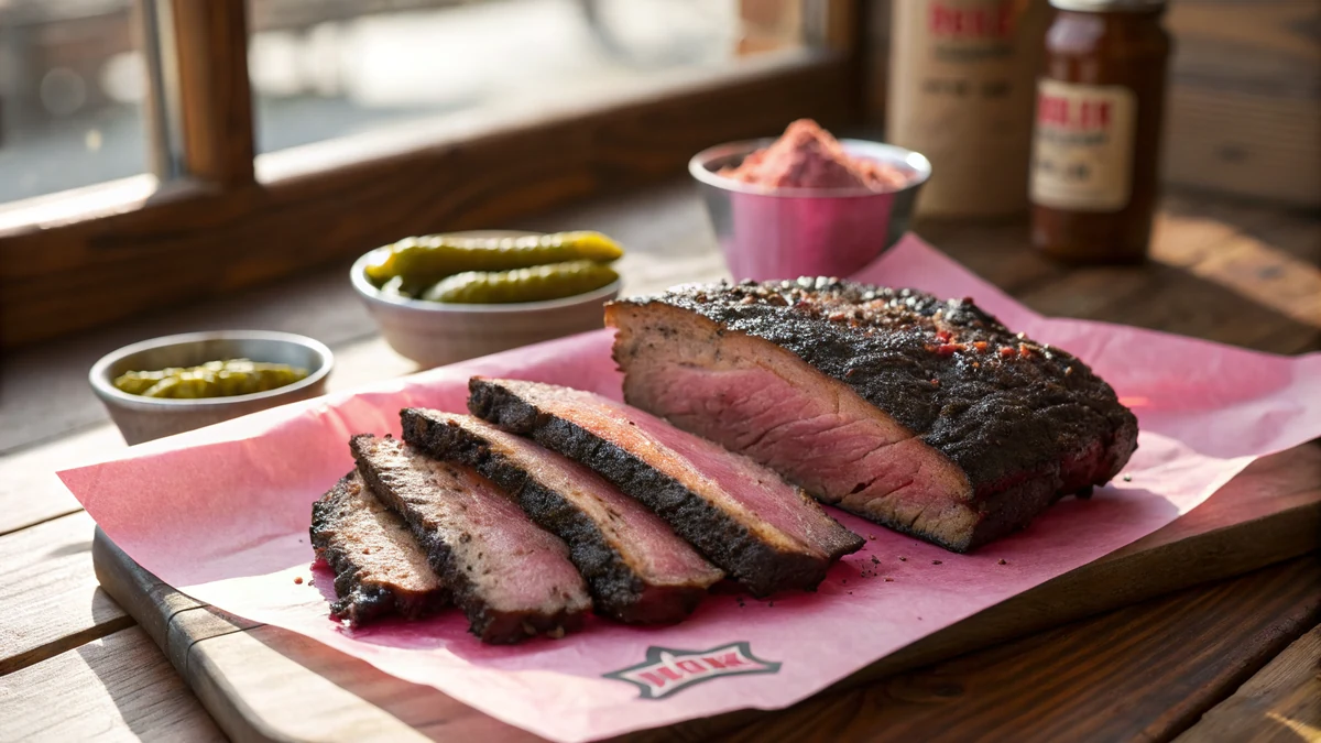 Sliced smoked beef short ribs with dark peppery bark resting on butcher paper in a Texas kitchen