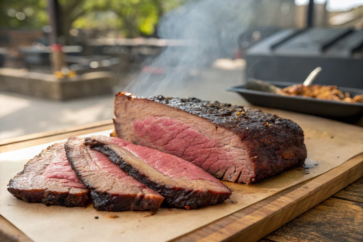 Close-up of a thick beef plate short rib showing the deep smoke ring and tender meat above the bone