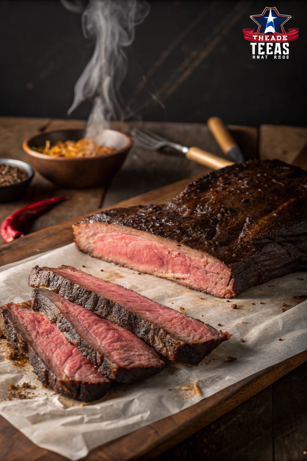 Tall view of Texas smoked beef short ribs with mahogany bark sliced to show the smoke ring, save this recipe