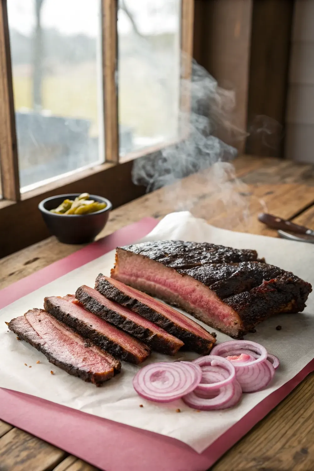 Tall view of Texas smoked beef short ribs with mahogany bark sliced to show the smoke ring, save this recipe