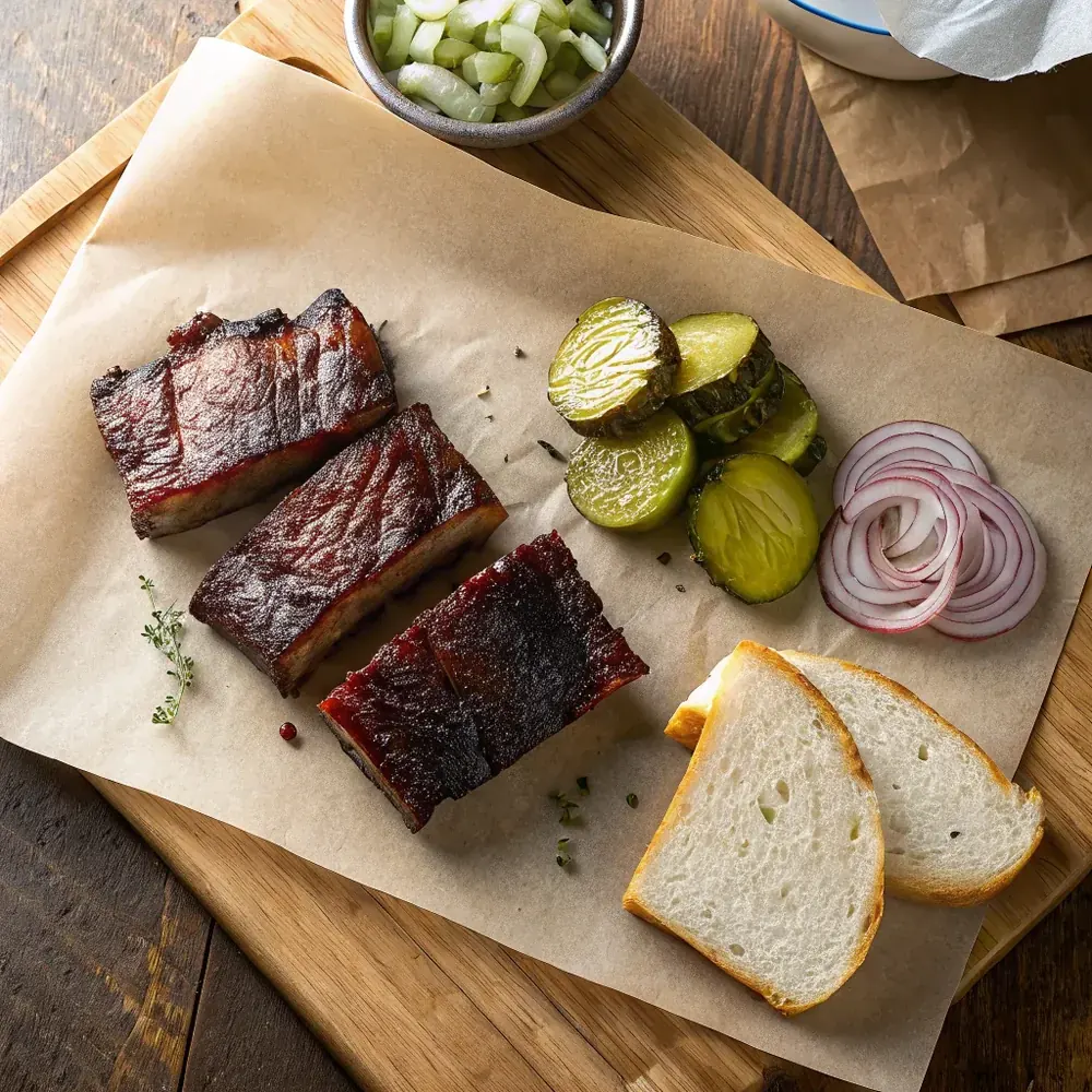 Overhead of three smoked beef short ribs on butcher paper with pickles and white bread