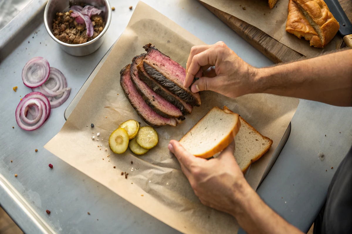 Hands assembling a Texas brisket sandwich, smoke ring visible on the sliced beef