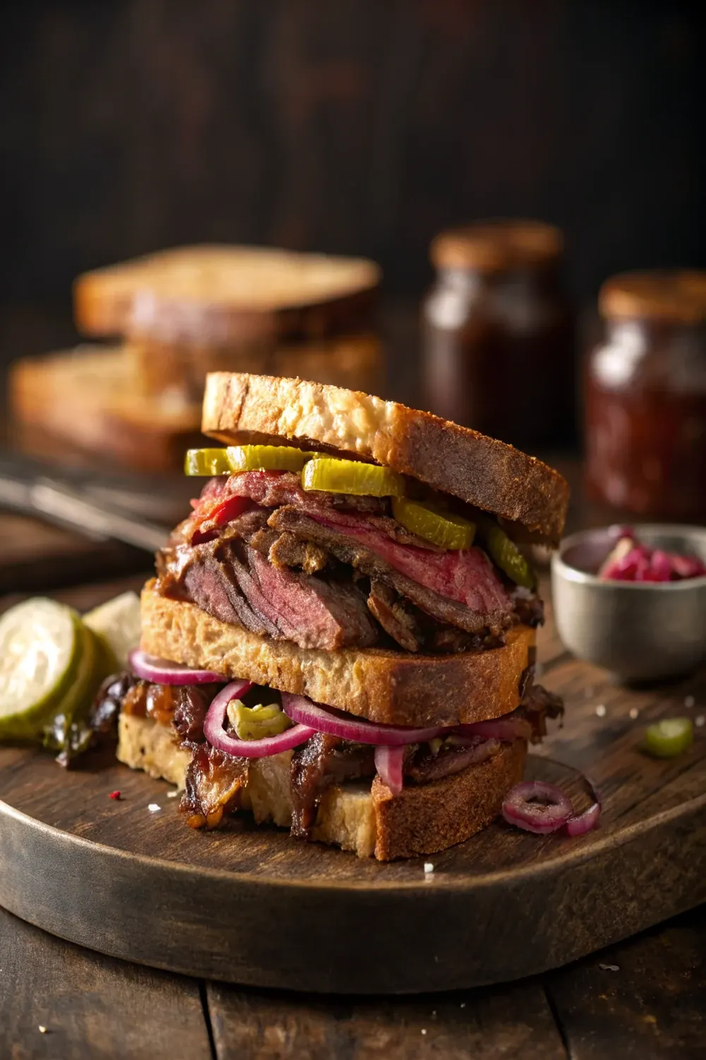 Vertical hero shot of a stacked Texas brisket sandwich with dramatic lighting