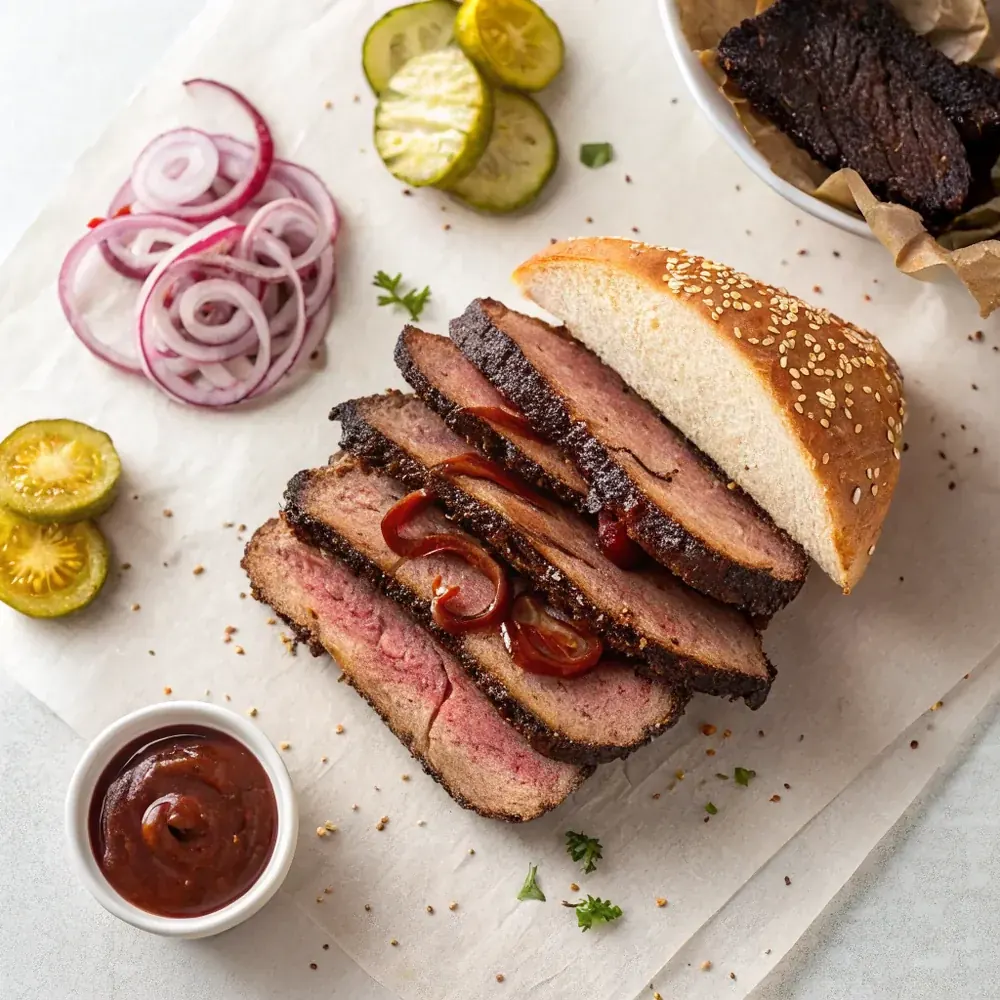 Top-down view of a Texas brisket sandwich plated with pickles and onion