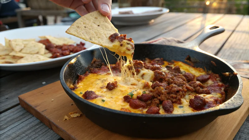 Close-up of chorizo queso with red chorizo oil pooled on top, diced tomato from Rotel, and chopped cilantro garnish