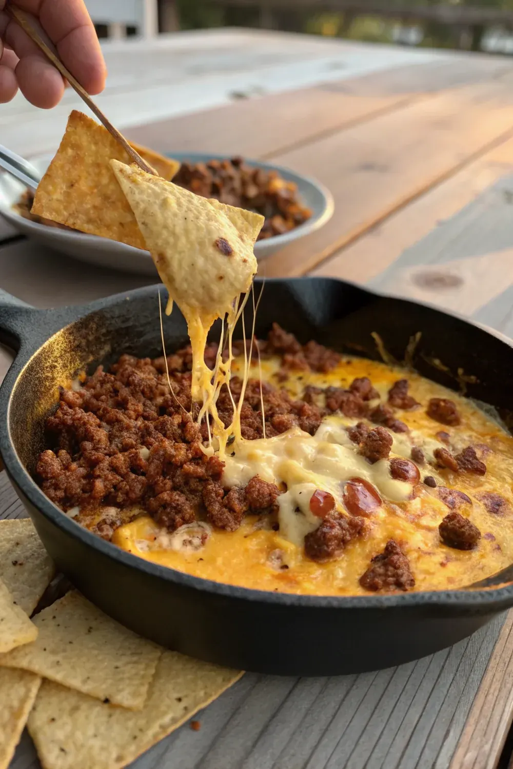 Smoked chorizo queso vertical view with a chip dipping into the molten cheese, Tex-Mex appetizer, save for the next gathering