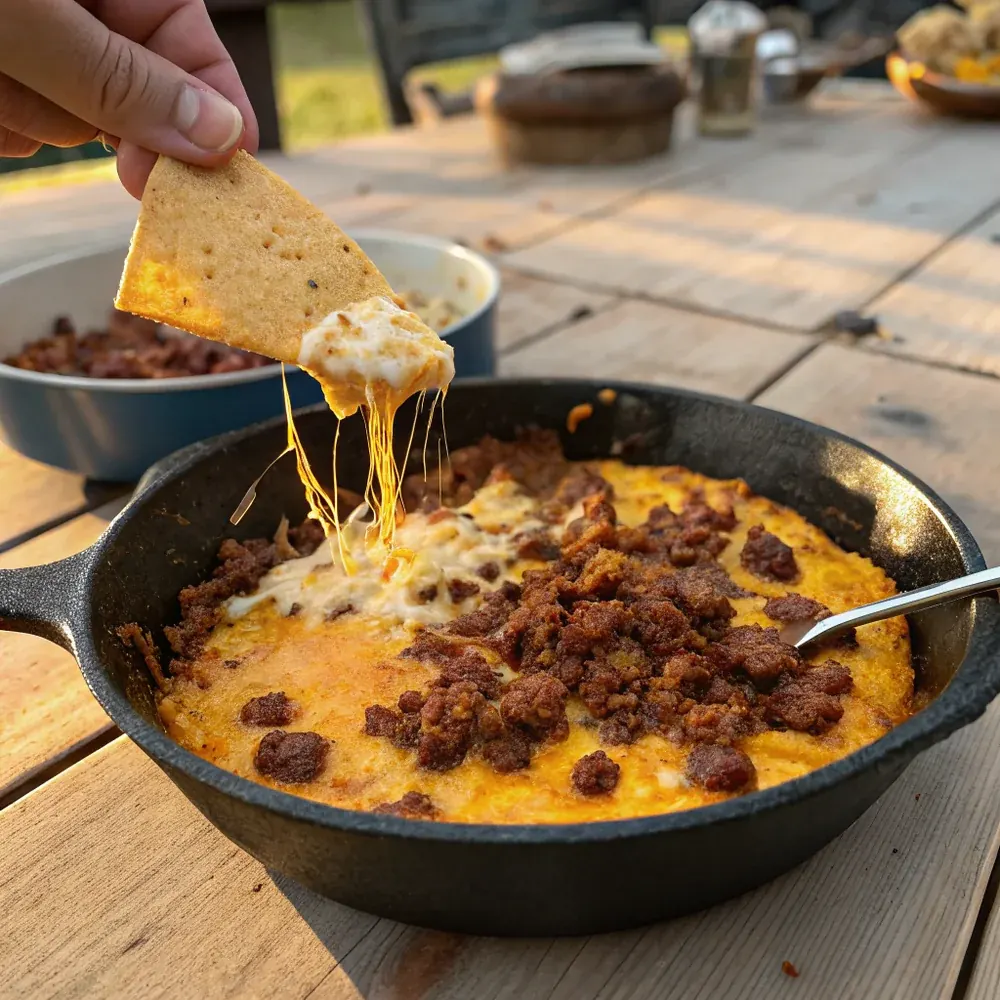 Overhead shot of a serving bowl of smoked chorizo queso surrounded by tortilla chips, lime wedges, and a glass of Mexican lager on a Texas table