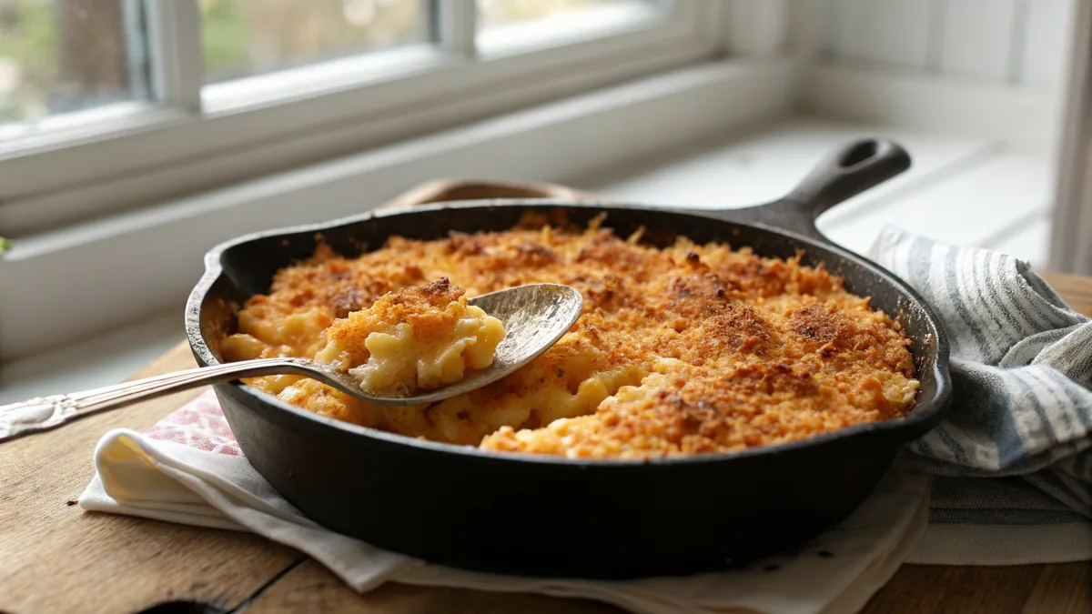 Cast iron skillet of smoked mac and cheese with a burnished golden orange top, a serving spoon resting in one creamy scooped corner
