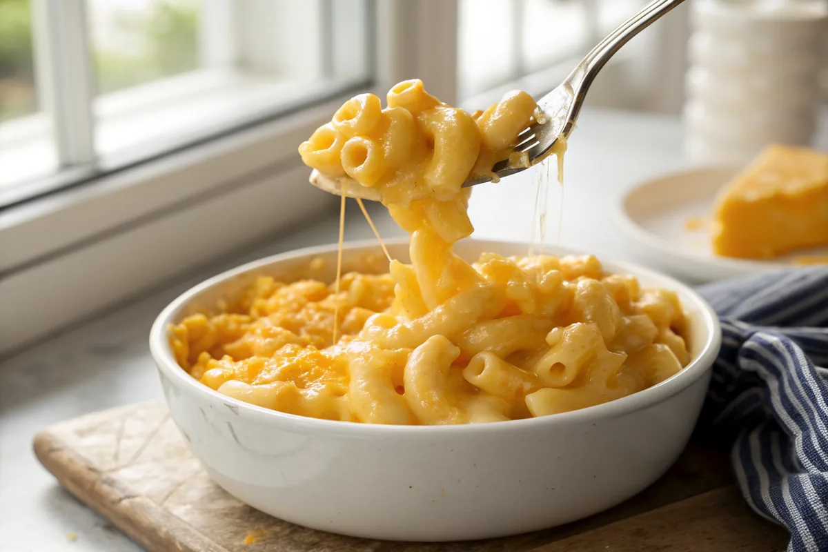 Close-up of smoked mac and cheese showing glossy cheese sauce coating elbow macaroni, strands of melted cheddar pulling from a lifted spoonful