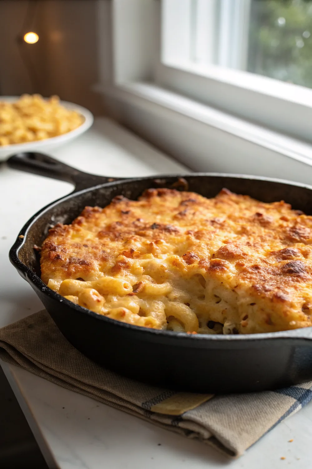 Vertical shot of a deep skillet of smoked mac and cheese, bronzed top layer broken open to reveal creamy pale sauce beneath, warm side lighting