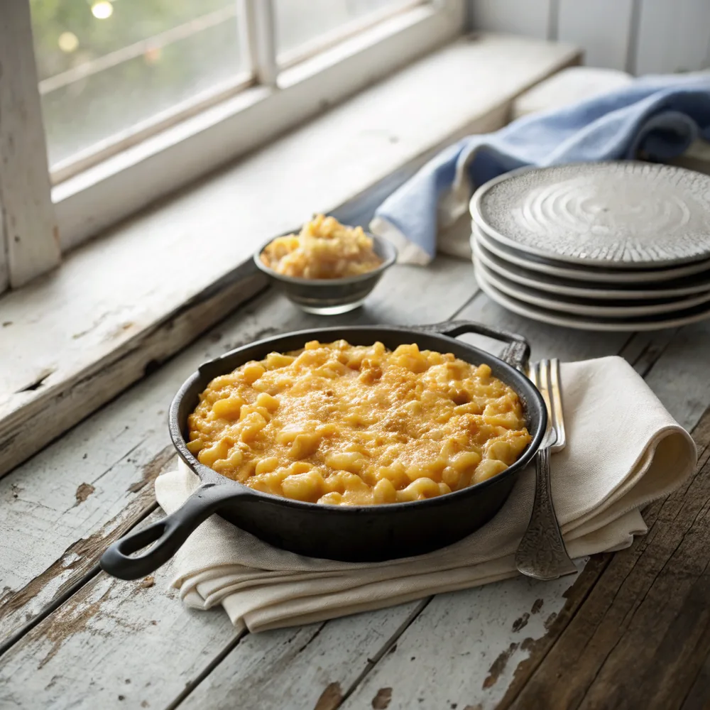 Overhead view of a round cast iron skillet filled with golden smoked mac and cheese on a weathered wooden table beside stacked plates