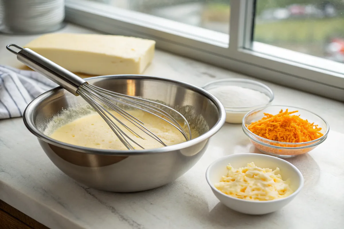 Glossy pale cheese sauce falling in a smooth wide ribbon from a whisk into a heavy pot, shredded cheese mounded in a bowl alongside