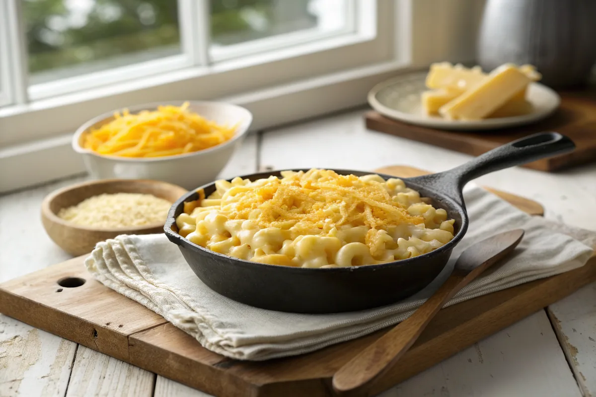Cast iron skillet filled with loose creamy mac and cheese under an even layer of shredded cheddar and jack, ready on a wooden board