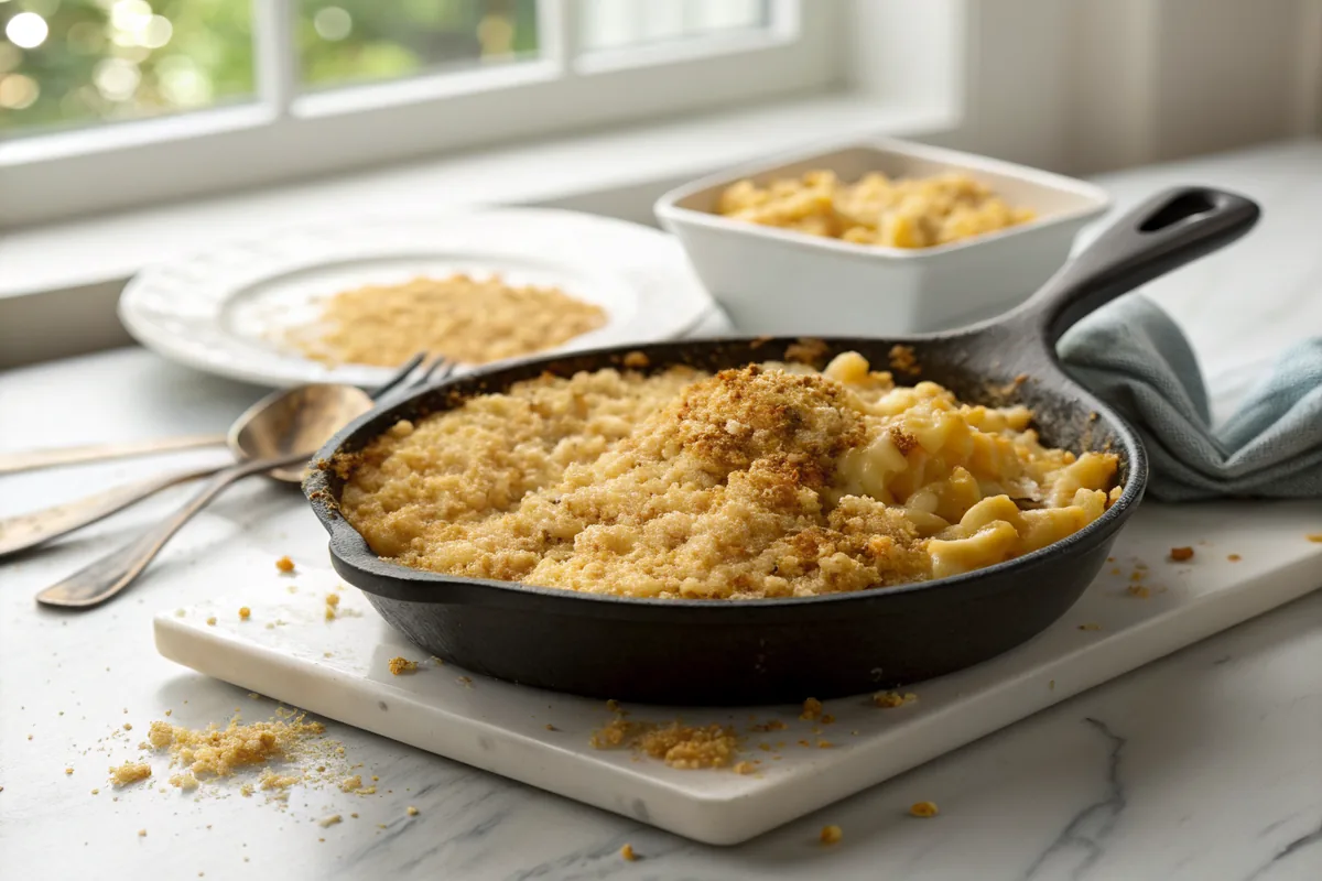 Golden toasted panko crumbs scattered thickly across a skillet of bronzed mac and cheese, one corner served onto a white plate