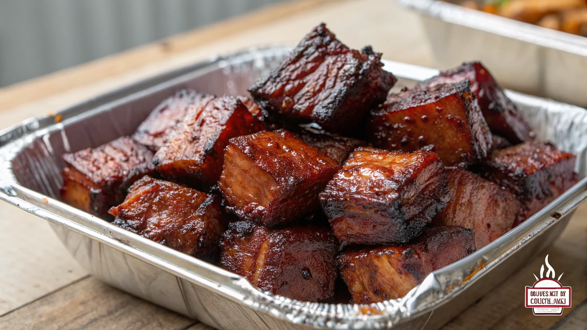 Pile of glossy smoked pork belly burnt ends with dark bark and a sticky barbecue glaze in a foil pan