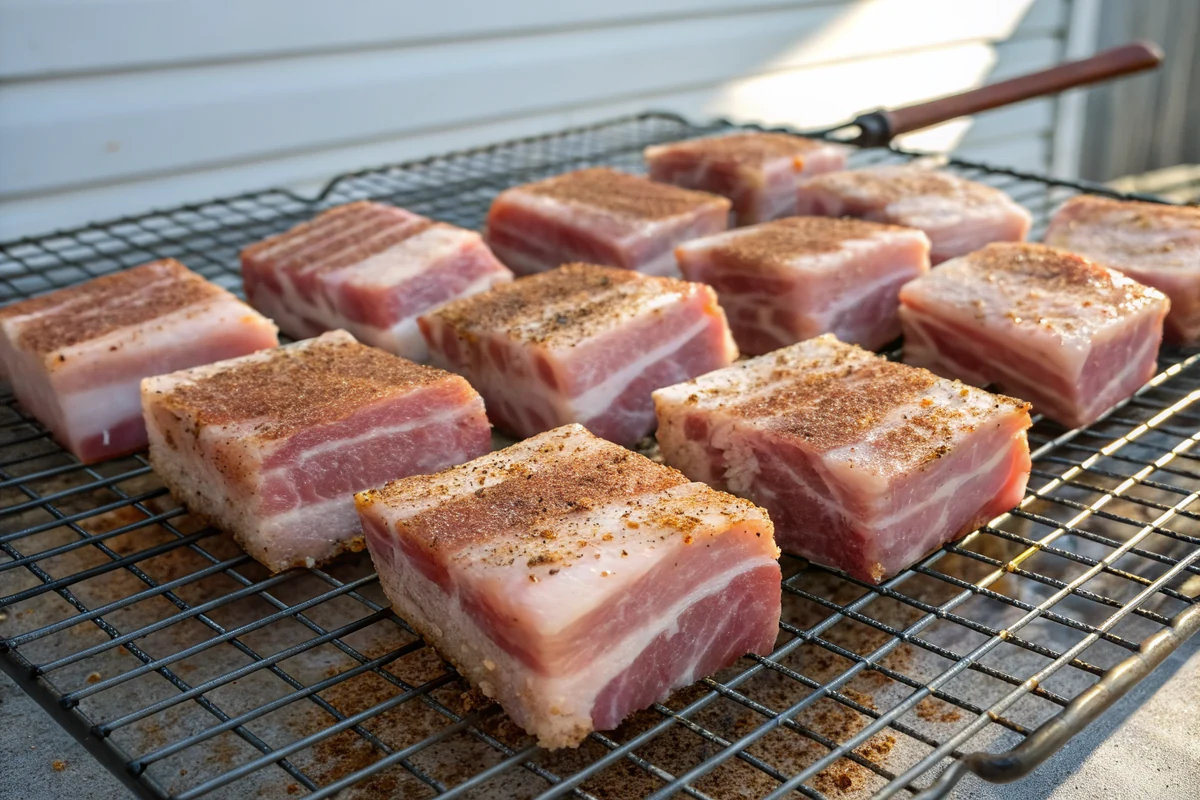 Cubes of raw pork belly seasoned with barbecue rub laid out on a wire rack ready for the smoker