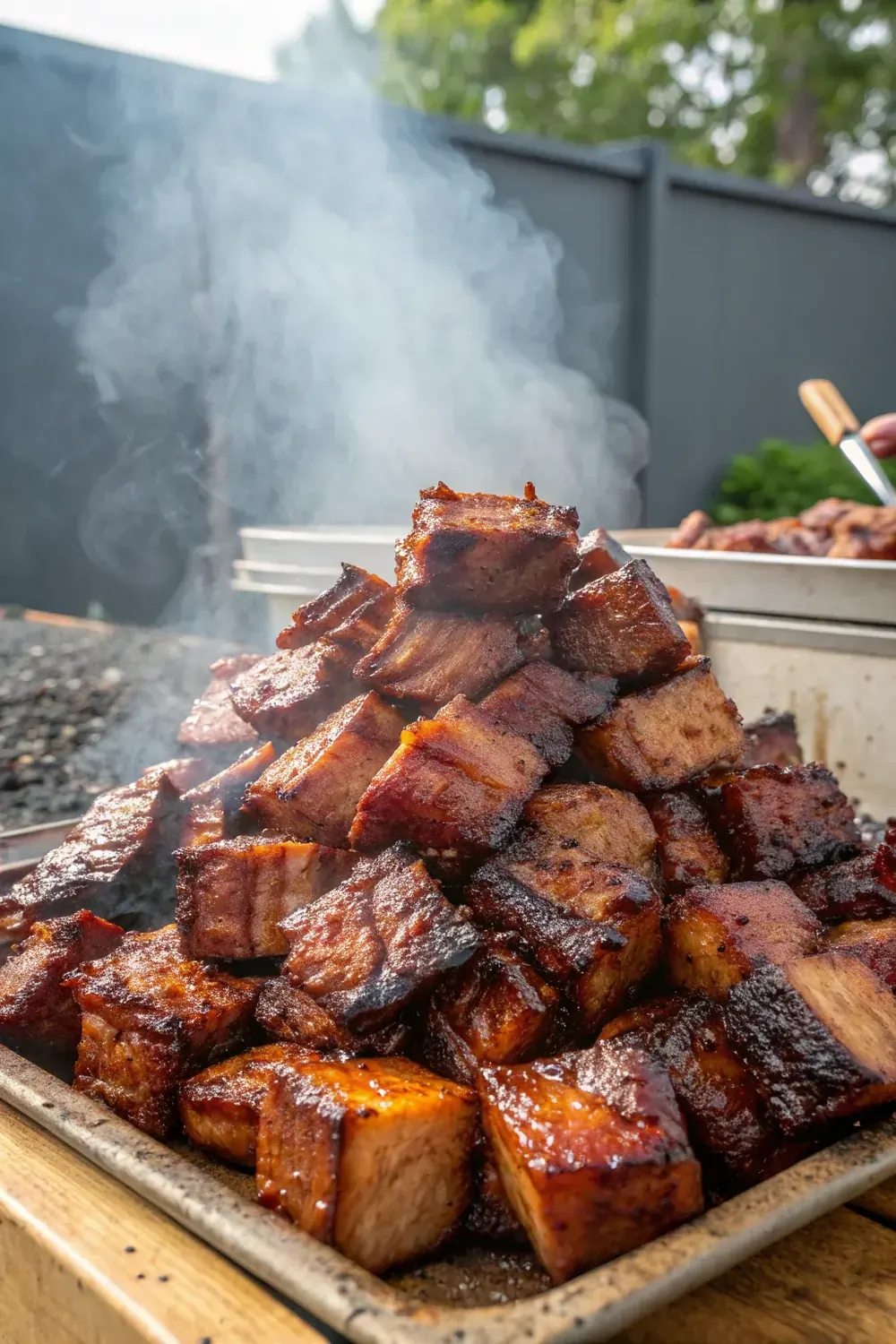 Vertical pin of sticky smoked pork belly burnt ends piled high with caramelized bark, steam rising