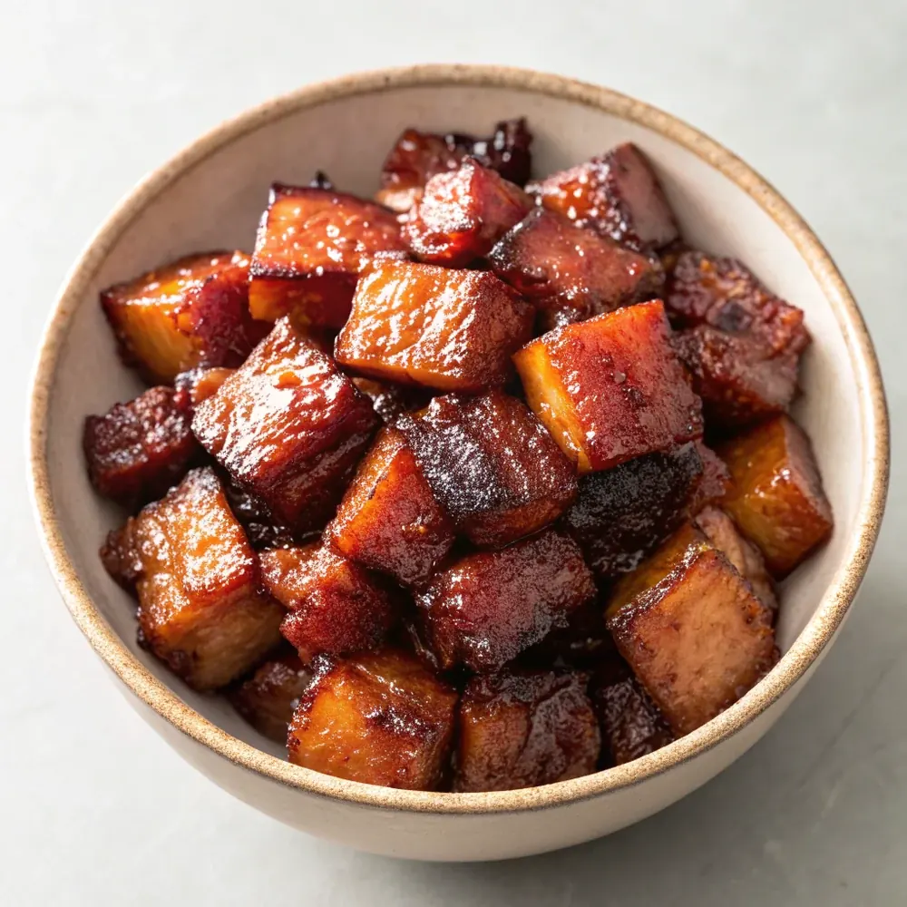 Overhead bowl of candied pork belly burnt ends glistening with brown sugar and barbecue glaze