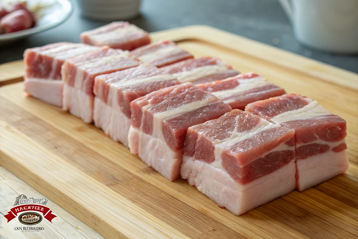 Even 1.5 inch cubes of raw skinless pork belly arranged on a cutting board before seasoning