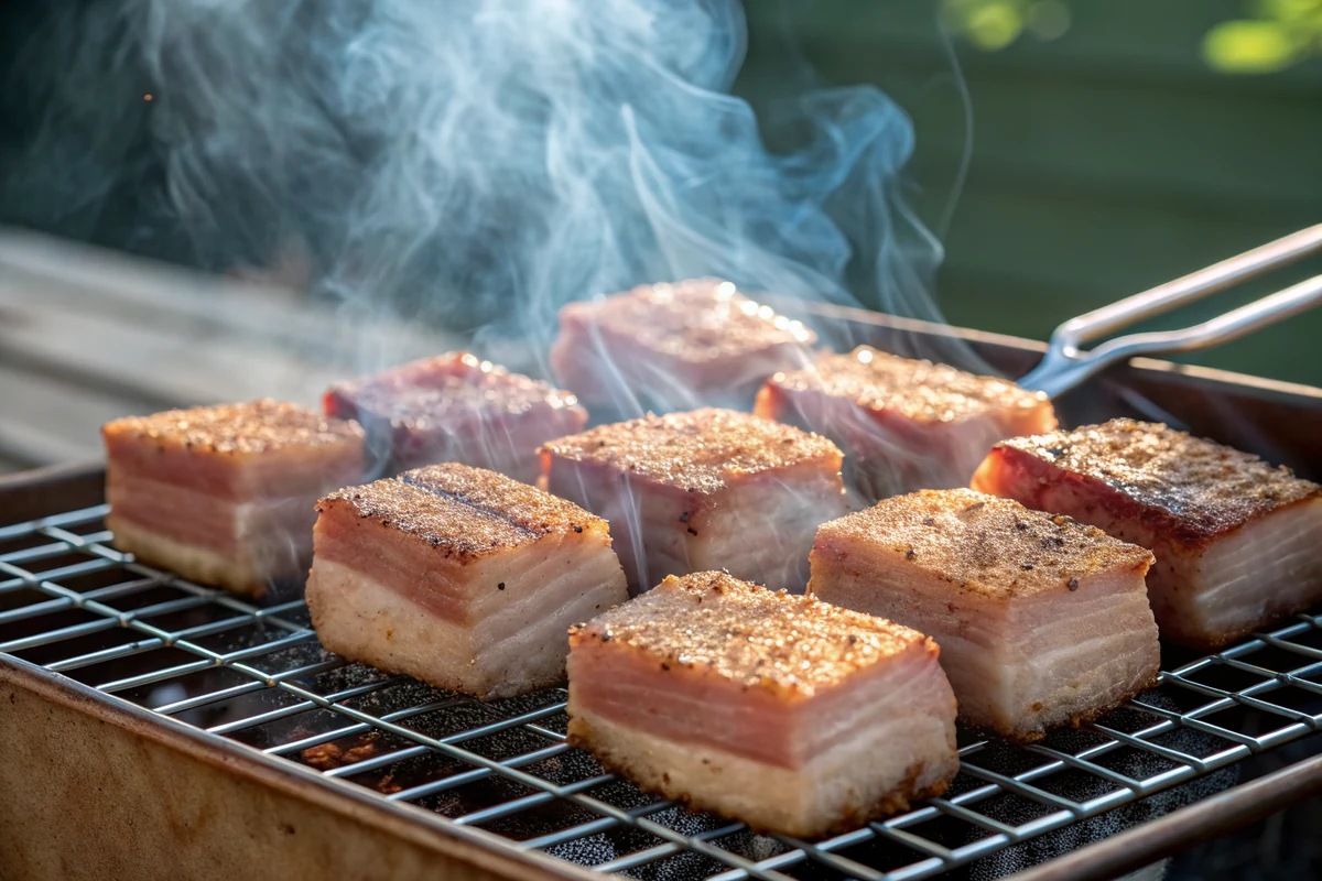 Seasoned pork belly cubes smoking on a wire rack inside a smoker with thin blue smoke