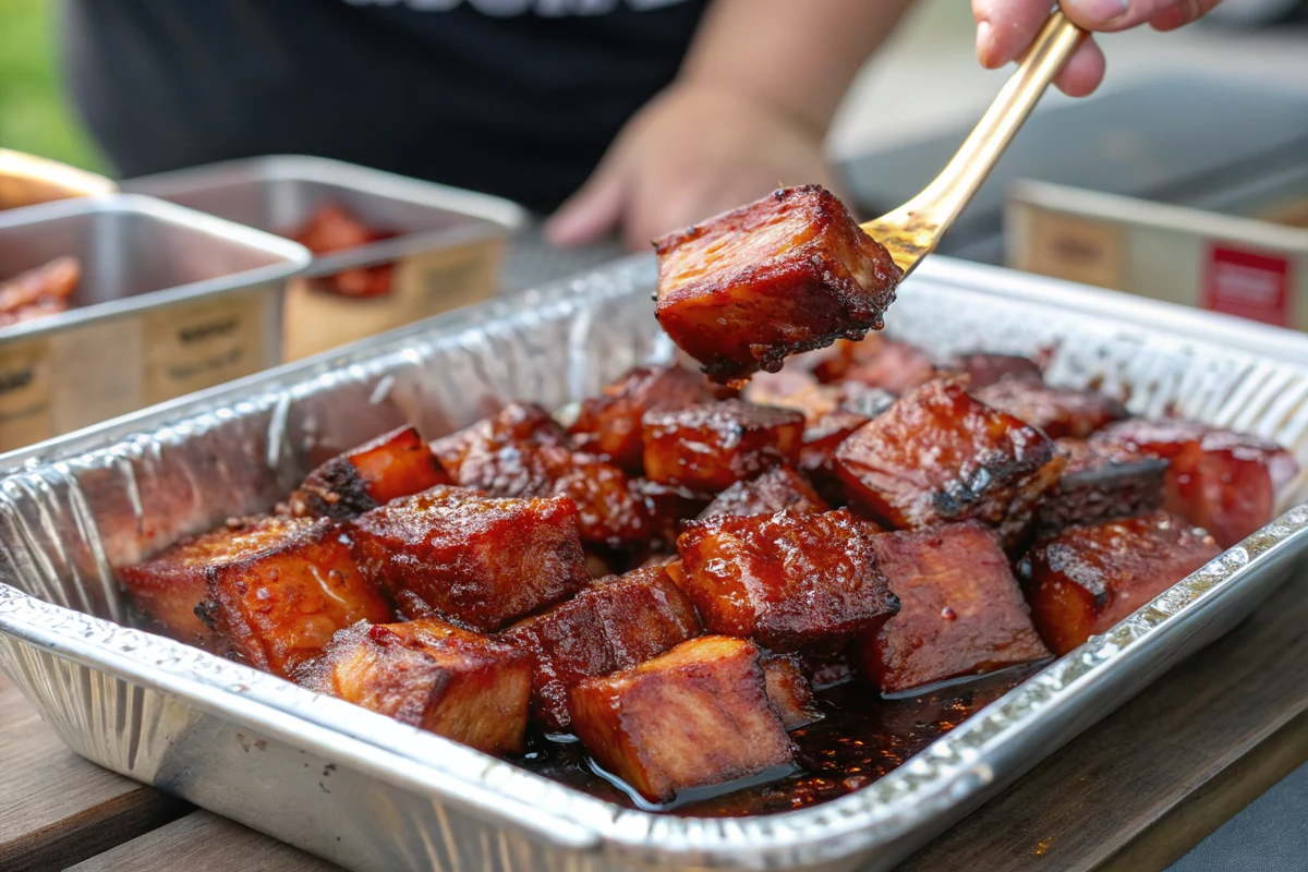 Tender pork belly burnt ends being tossed in a glossy barbecue glaze in a foil pan